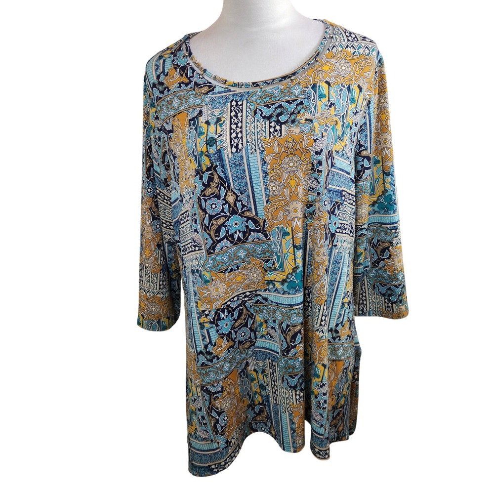 Chico's 2 Paisley Patchwork Print Tunic Top Womens Large Sharkbite hem Indie